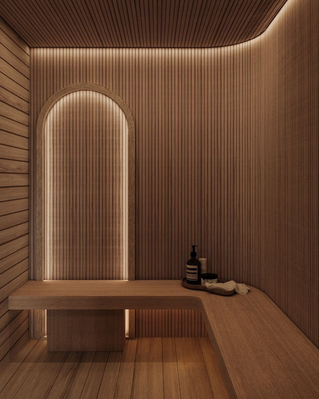Niche en arche, enduit beige sculpté
