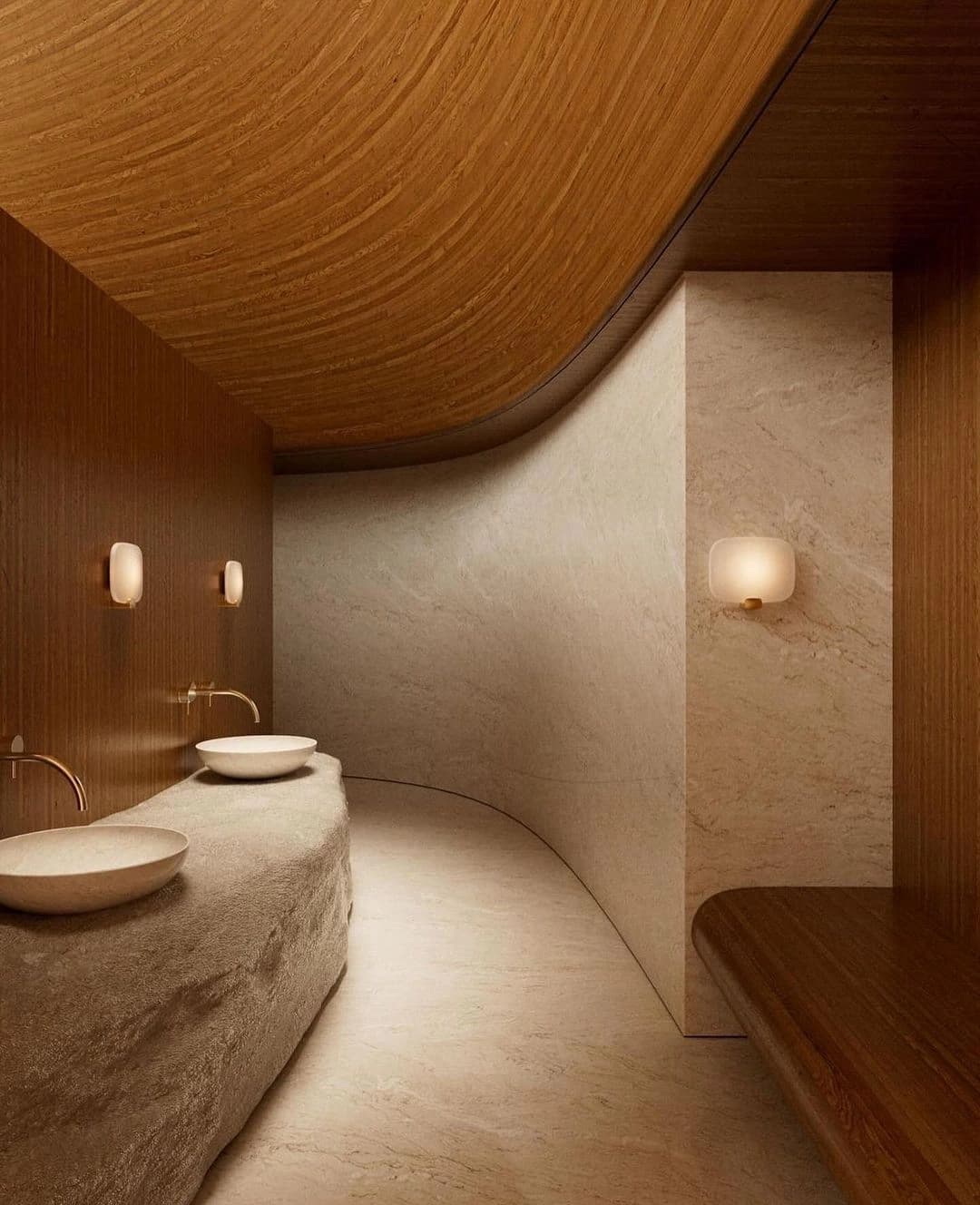 Salle d'eau aux courbes de bois et pierre